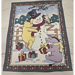 90s VTG Disney Winnie the Pooh Snowman Wall Tapestry Christmas 33x27 Crown Craft